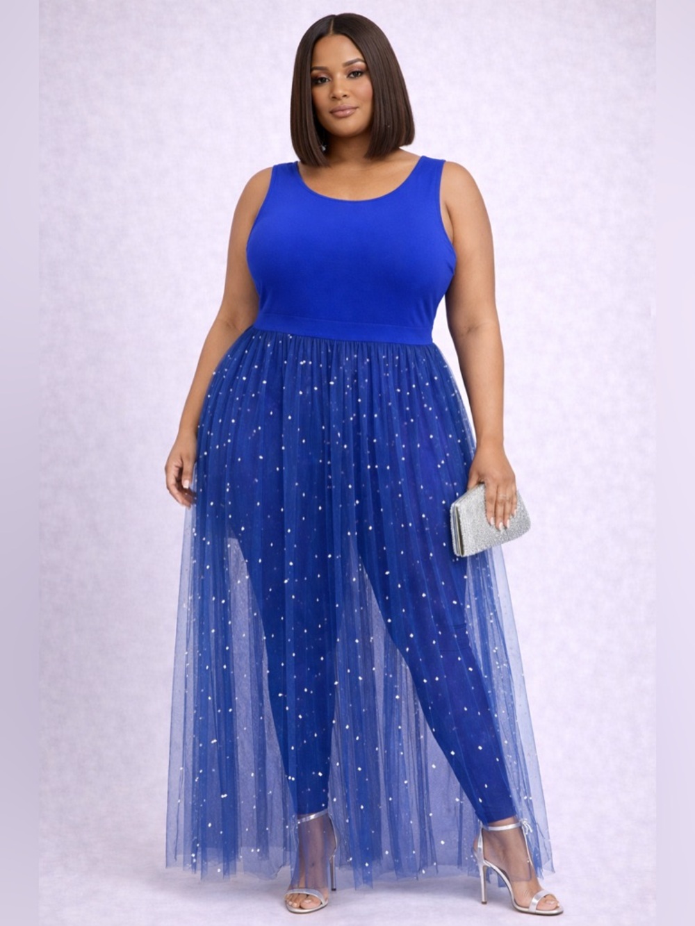Plus Size Royal Blue Tulle Overlay Dress